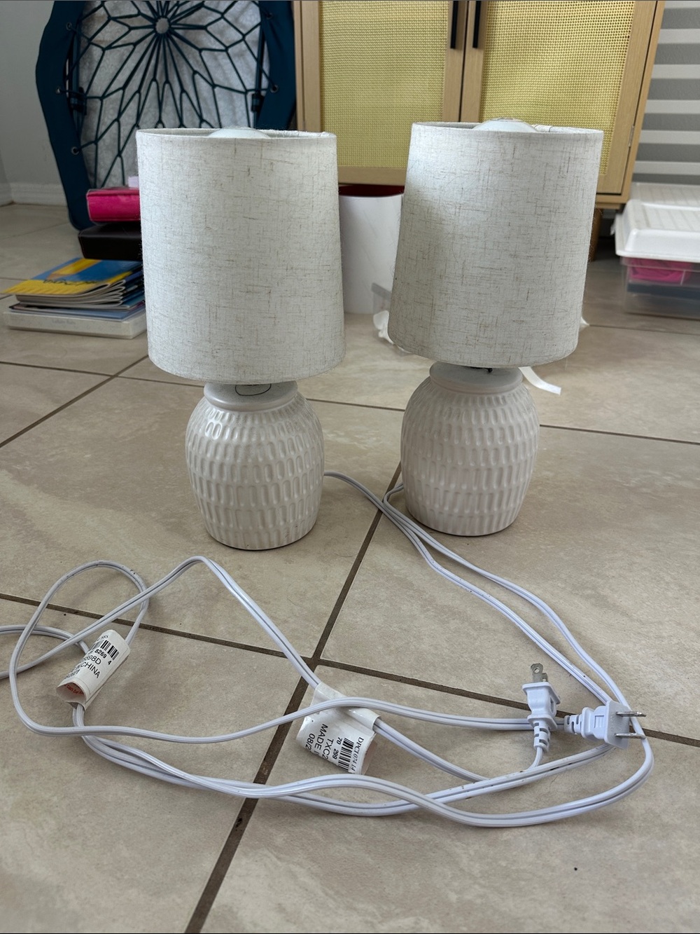 White Ceramic Table Lamps with Linen Shades - Set of 2